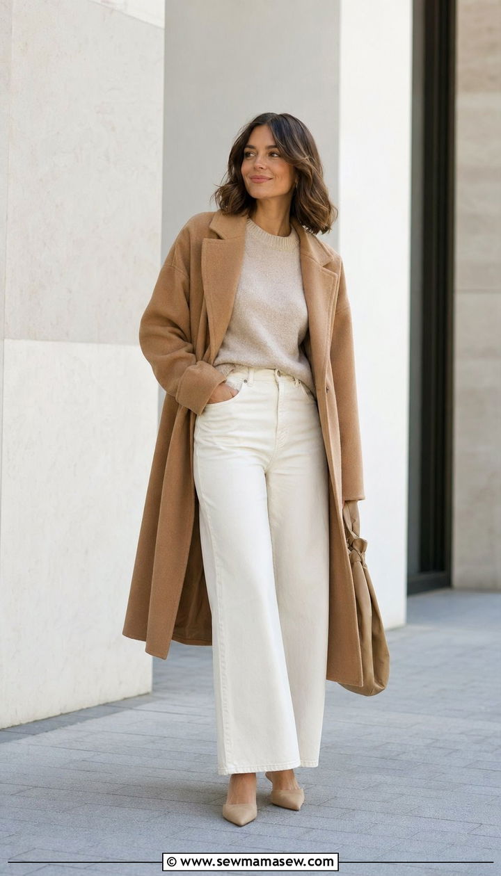 Ecru Wide Leg Jeans With A Camel Coat And Kitten Heels - 30 Best jeans for petite women