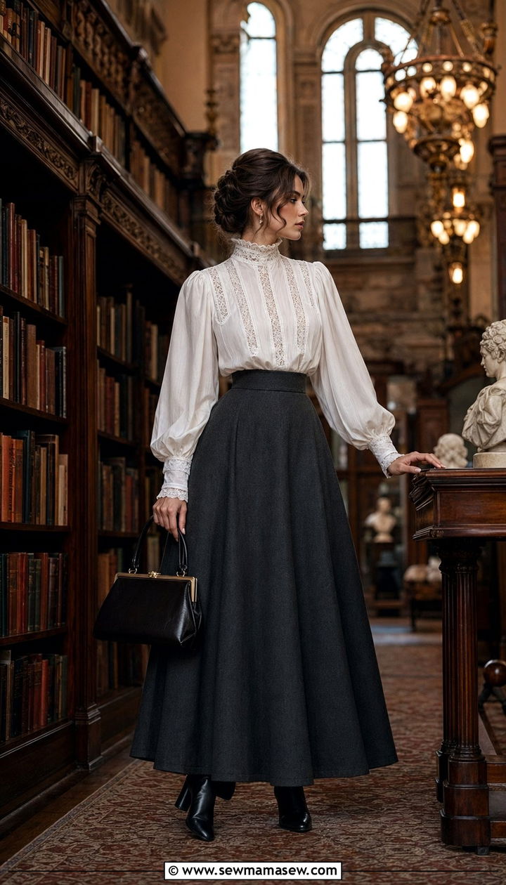 Edwardian High Neck Blouse With Long Wool Maxi Skirt - 30 Aesthetic outfit ideas 2026