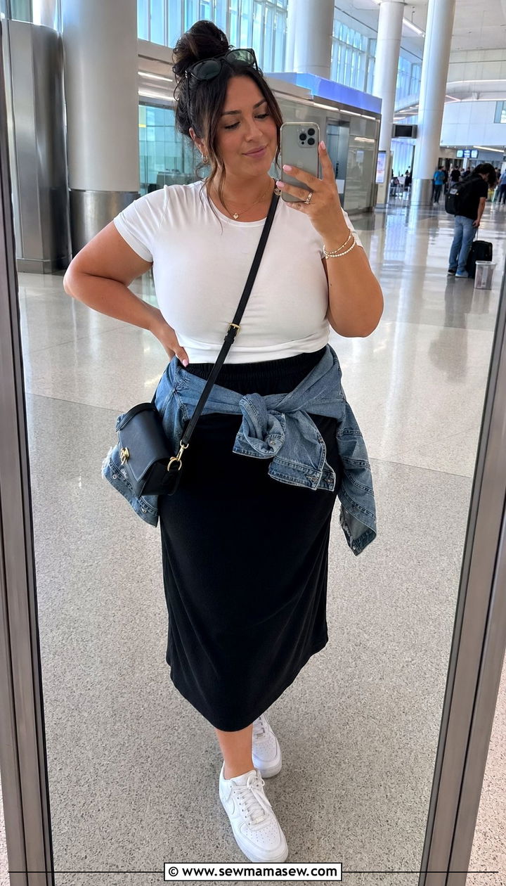 Elastic Waist Midi Skirt With Soft Tee And Sneakers - 30 Airport outfits plus size