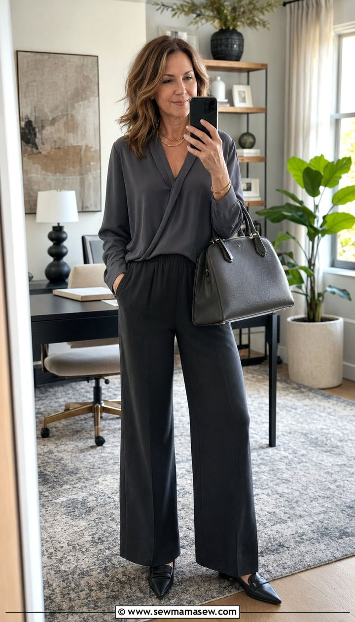 Elastic Waist Trousers with a Drapey Blouse Outfit for Women Over 40 - 30 Best pants for women over 40