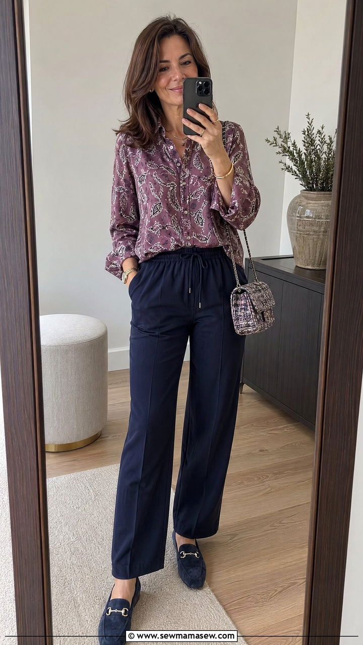 Elastic waist trousers with printed blouse and loafers - 35 spring outfits for new moms
