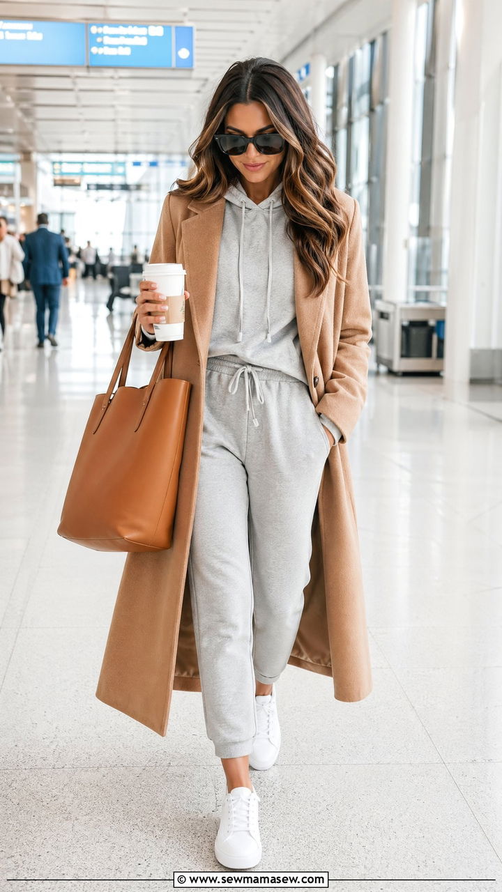 Elevated Sweatsuit With Wool Coat And Clean Trainers - 35 classy airport outfits
