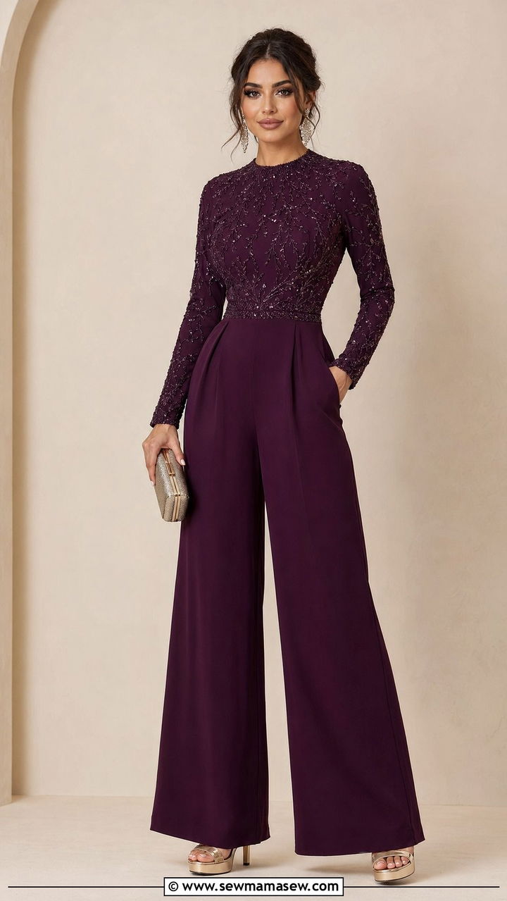 Embellished Jumpsuit With Platform Heels - 35 Modest outfit ideas for wedding guest