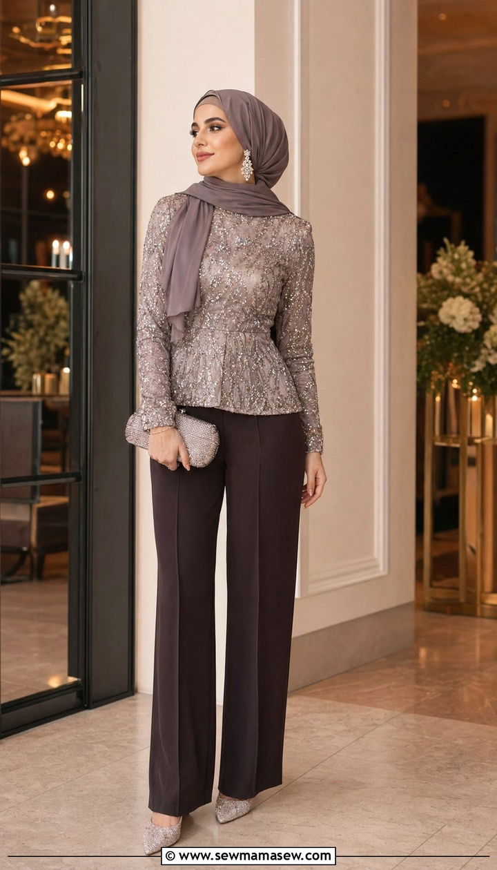 Embellished Long Sleeve Top With Crepe Pants And Hijab - 30 wedding guest outfits for hijab women