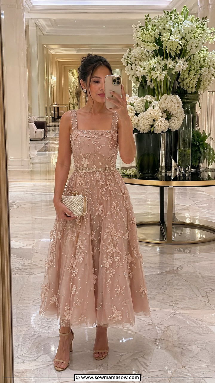 Embellished Midi Dress Outfit for Petite Wedding Guest - 35 Wedding guest outfits petite women