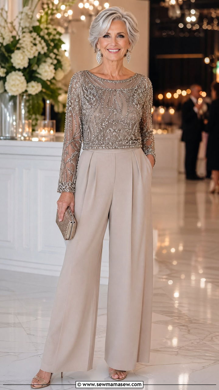Embellished top with wide leg pants for wedding guest over 60 - 35 Wedding guest outfits for women over 60
