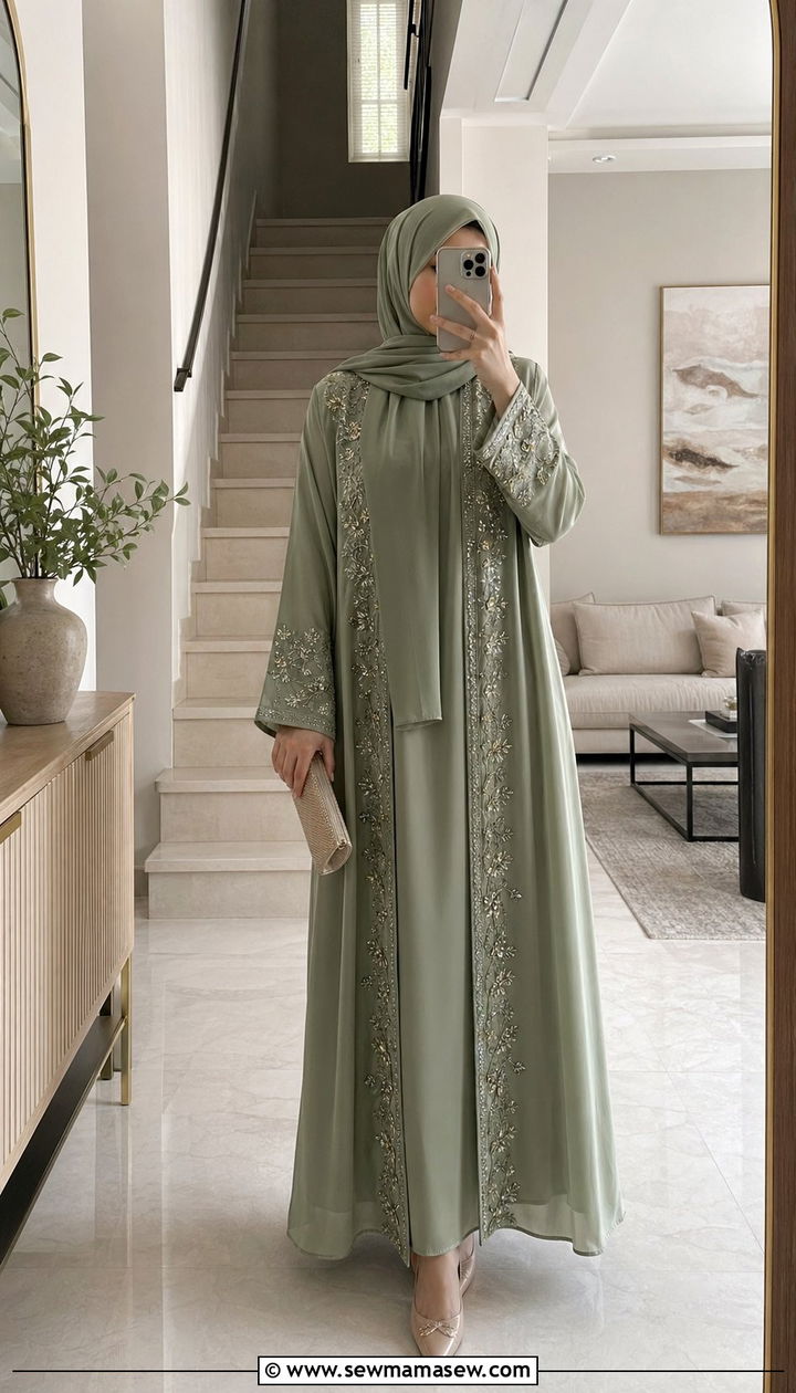 Embroidered Abaya With Matching Hijab - 35 Modest outfit ideas for wedding guest