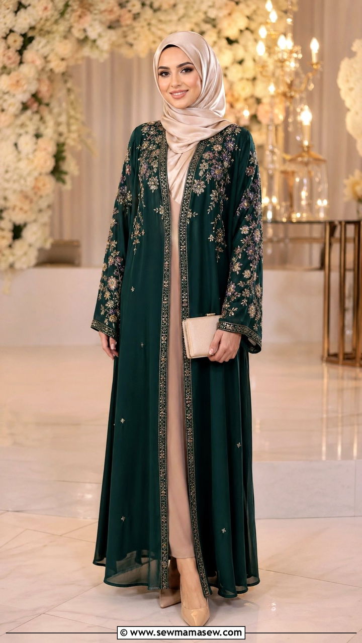 Embroidered Abaya With Satin Hijab - 30 wedding guest outfits for hijab women