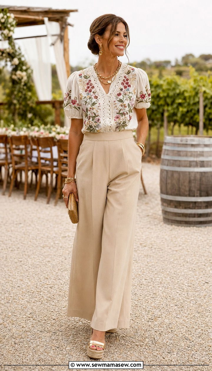 Embroidered Blouse And Neutral Wide Leg Pants - 30 Wedding guest outfits with pants