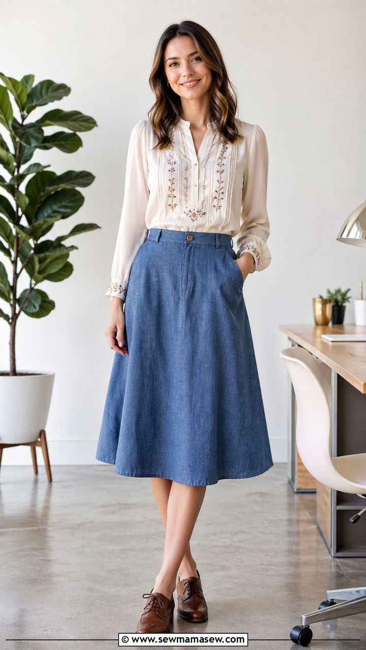 Embroidered Blouse With A Line Midi Skirt - 30 spring cottagecore outfits