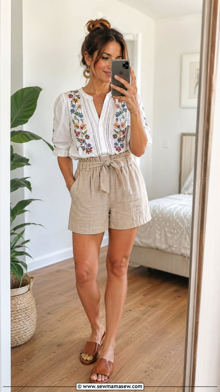 Embroidered Blouse With Paperbag Waist Linen Shorts - 35 summer cottagecore outfit ideas