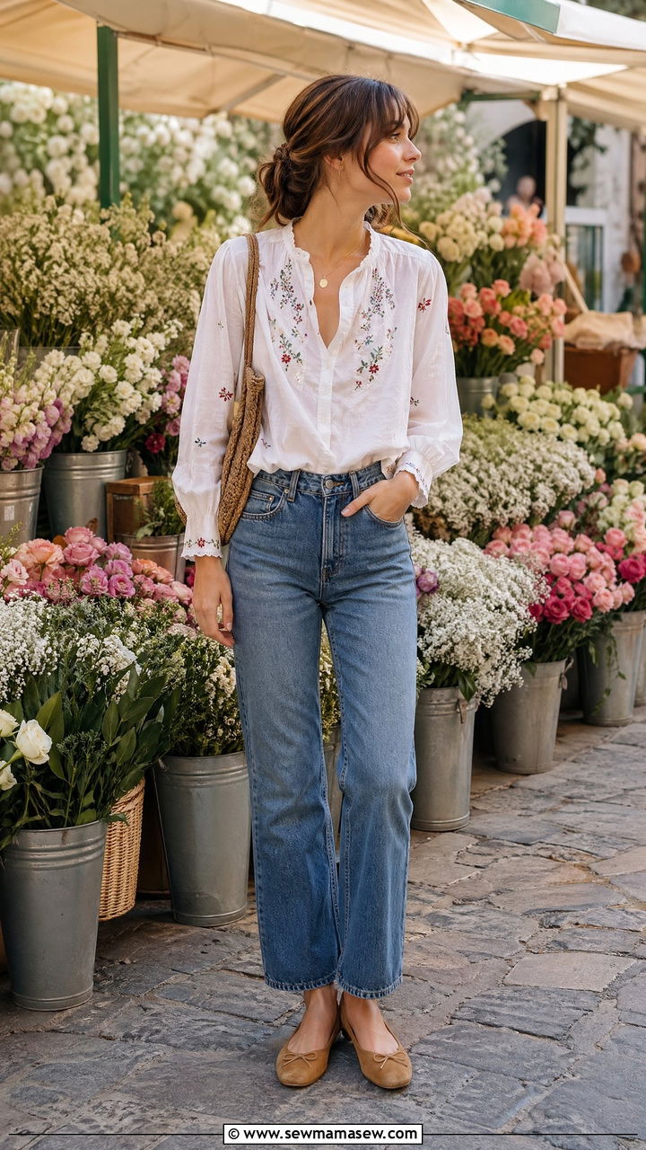 Embroidered Blouse With Straight Leg Jeans and Suede Flats - 35 spring french girl outfit ideas