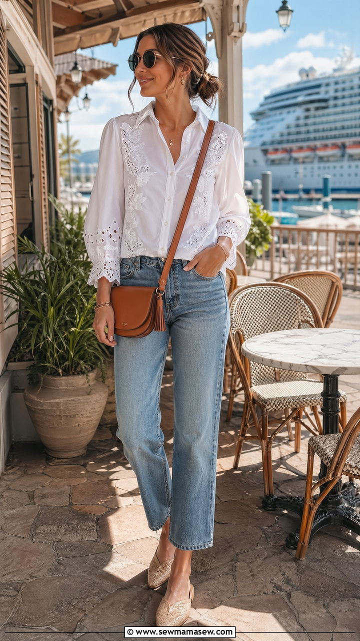 Embroidered Button Up Top and Jeans Outfit - 35 cute cruise outfits