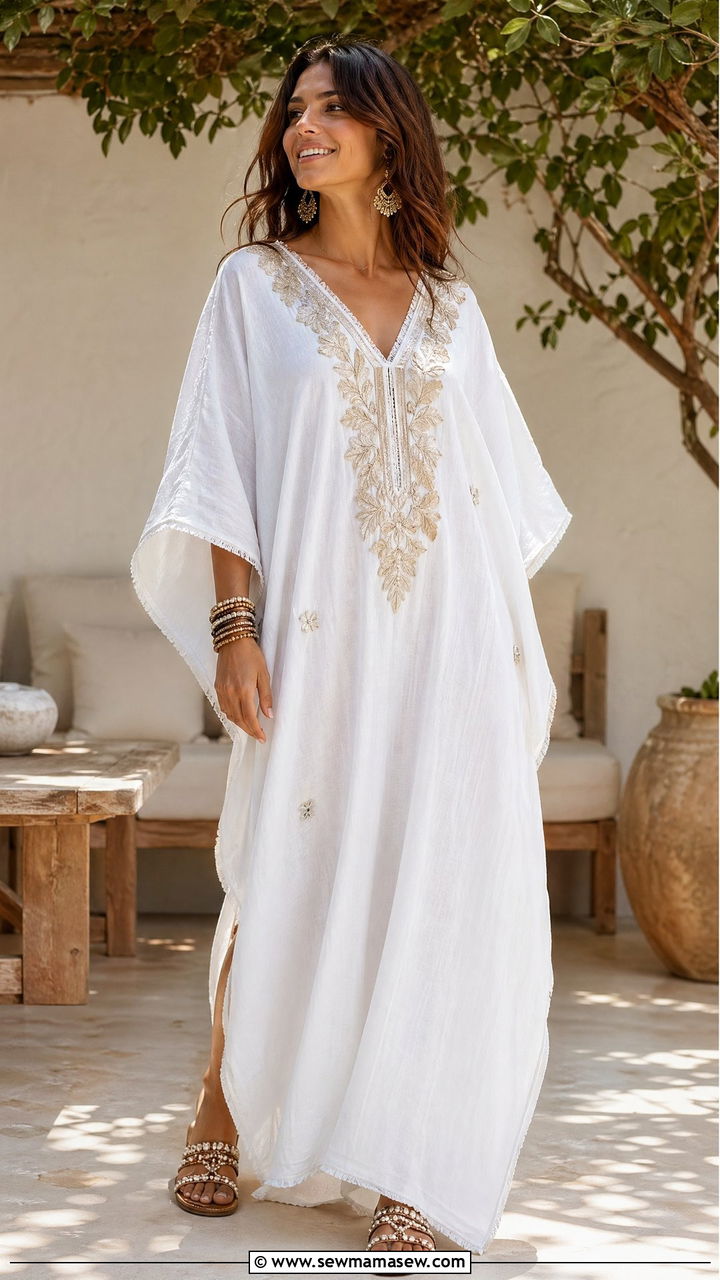 Embroidered Caftan With Beaded Sandals - 35 Classy loungewear outfit ideas