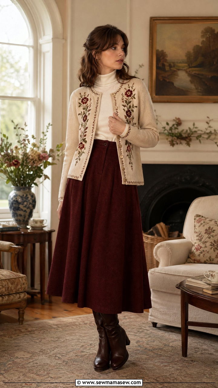 Embroidered Cardigan Over Turtleneck With Wool Skirt And Boots - 35 Cottagecore outfit ideas