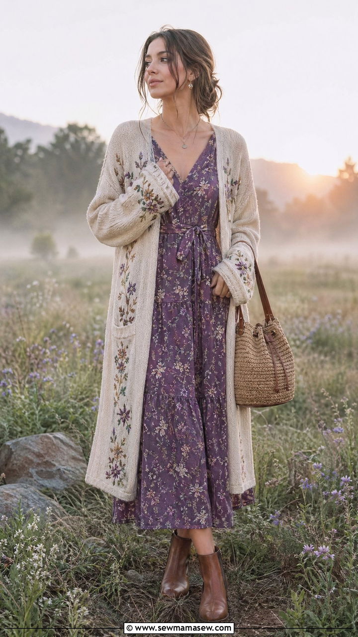 Embroidered Cardigan With Floral Midi Dress - 35 cottagecore outfits for women