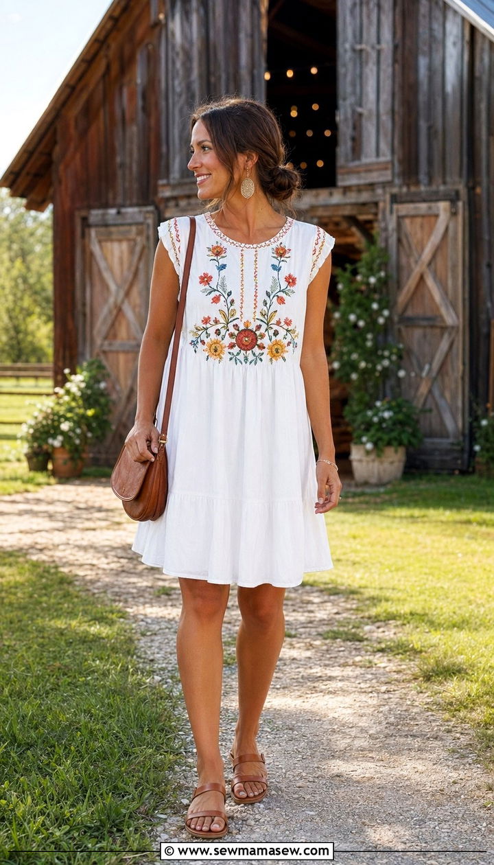 Embroidered Cotton Dress With Leather Sandals - 30 Wedding guest outfits for hot weather
