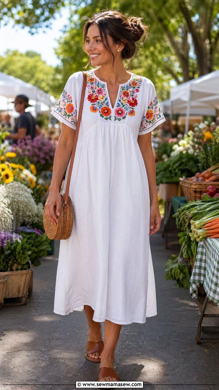 Embroidered Cotton Dress With Leather Slides - 35 vacation outfits 2026