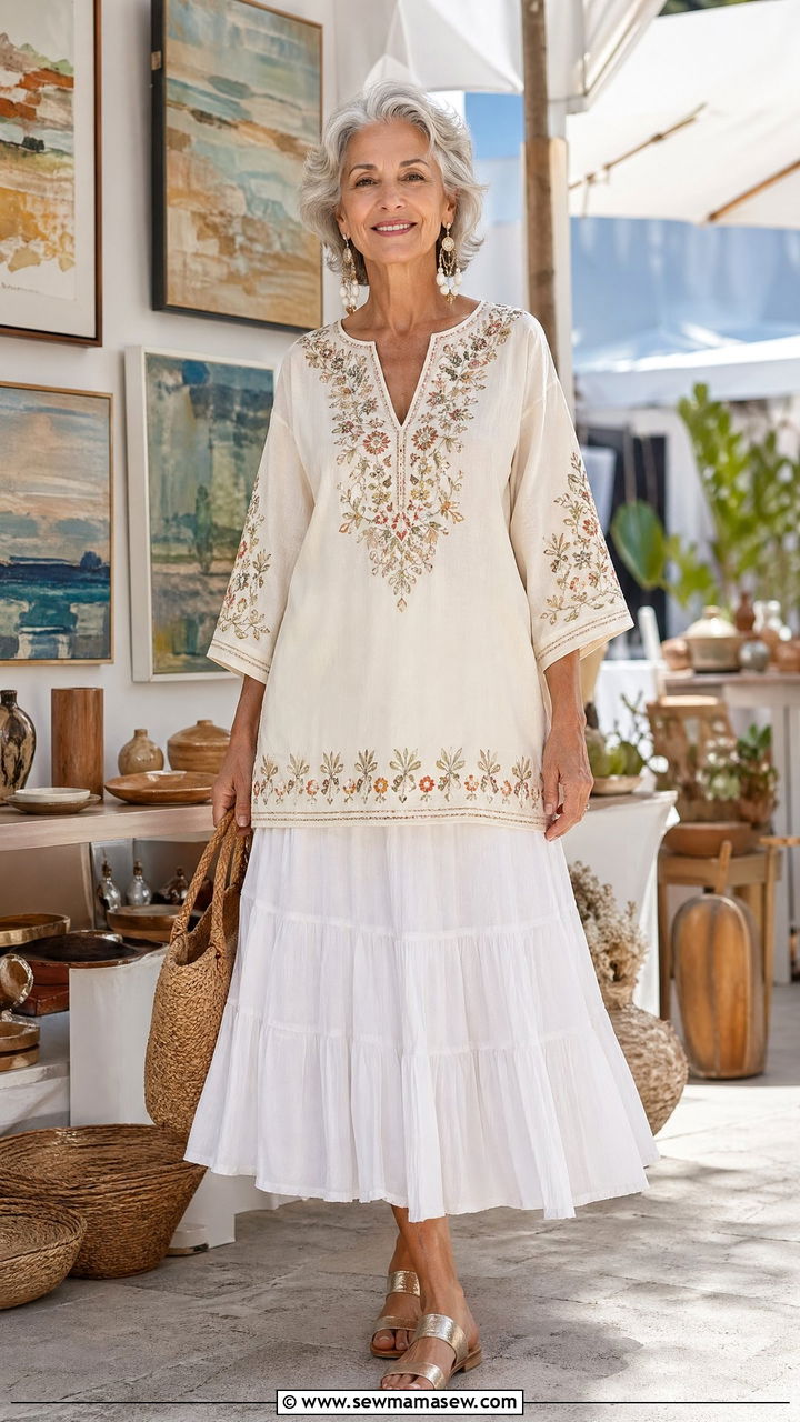 Embroidered Cotton Tunic With a White Tiered Cotton Midi Skirt - 35 Skirt outfit ideas for women over 60