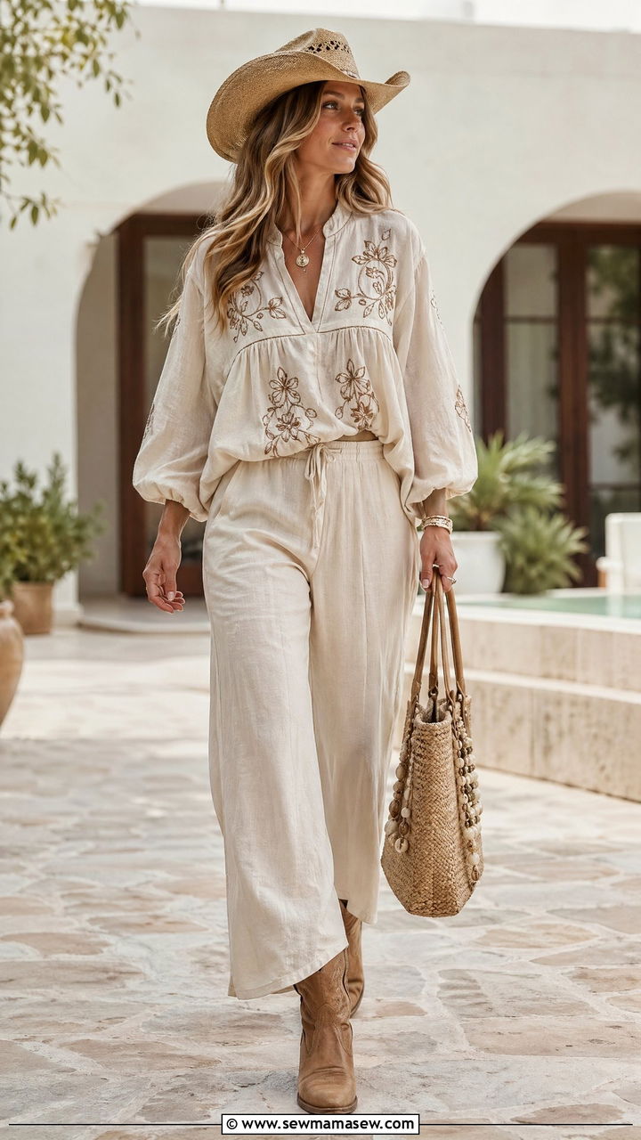 Embroidered Cream Blouse With Wide Leg Linen Pants And Cowboy Boots - 35 coastal cowgirl outfits 2026