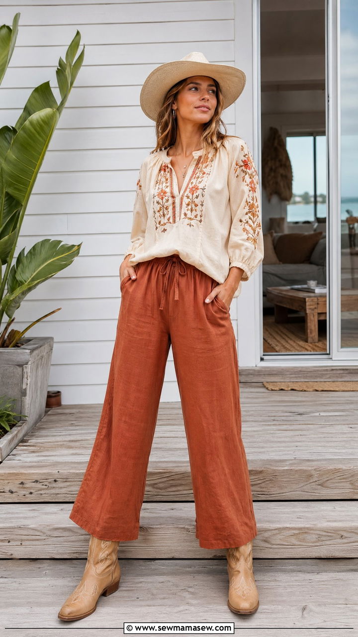 Embroidered Cream Blouse and Wide Leg Linen Pants With Tan Boots - 35 coastal cowgirl outfits