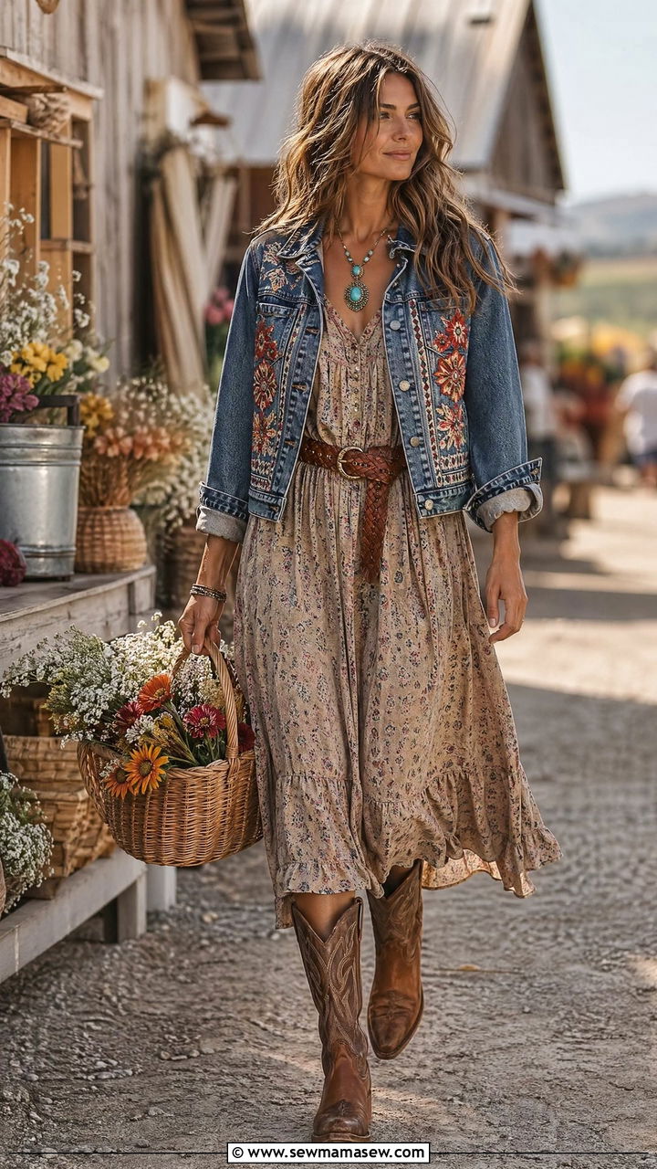 Embroidered Denim Jacket With Prairie Dress - 35 Western boho outfit ideas