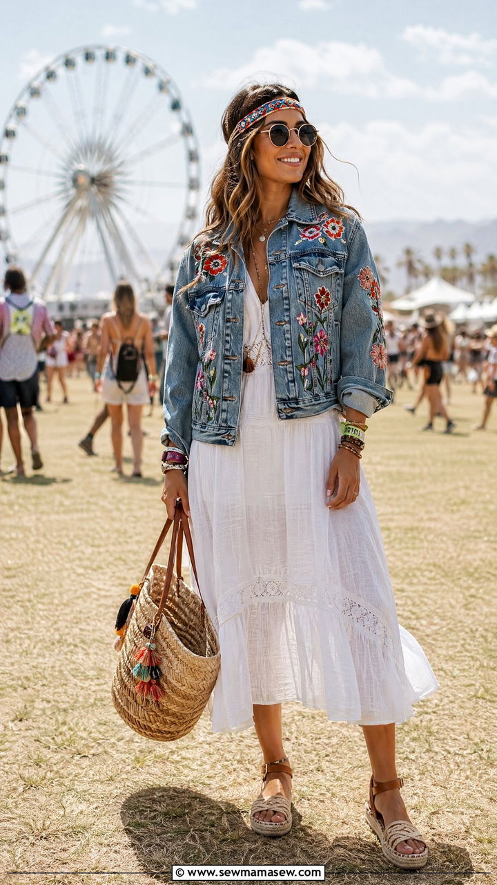 Embroidered Denim Jacket with White Midi Dress and Sandals - 35 cute music festival outfits