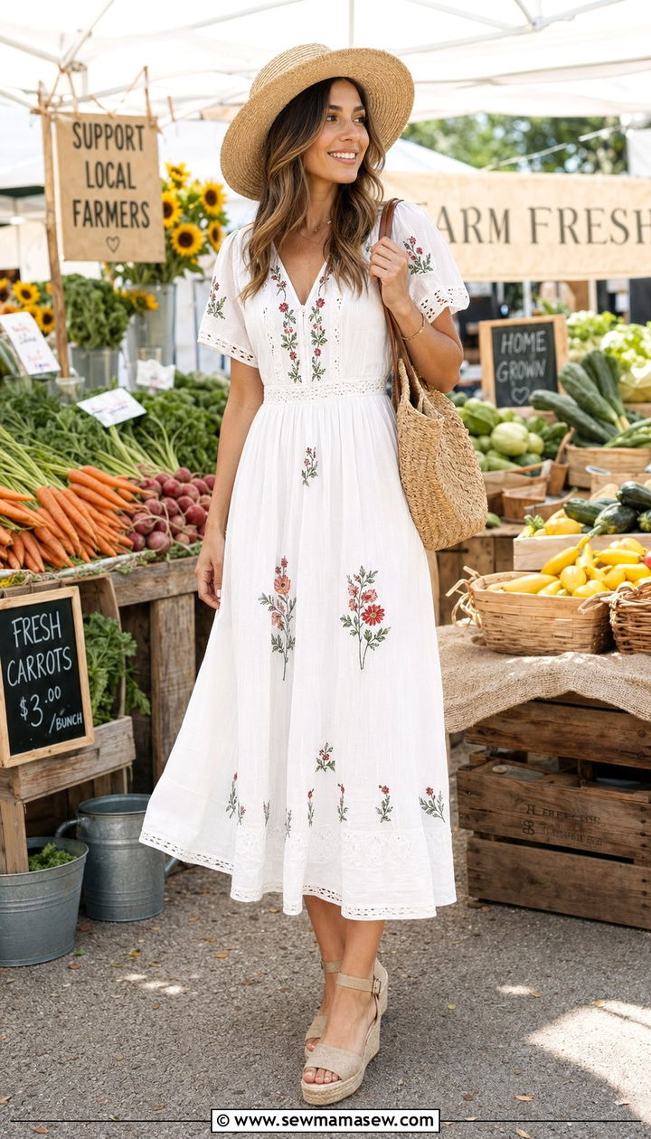Embroidered Dress With Straw Accessories - 35 romantic outfits for women