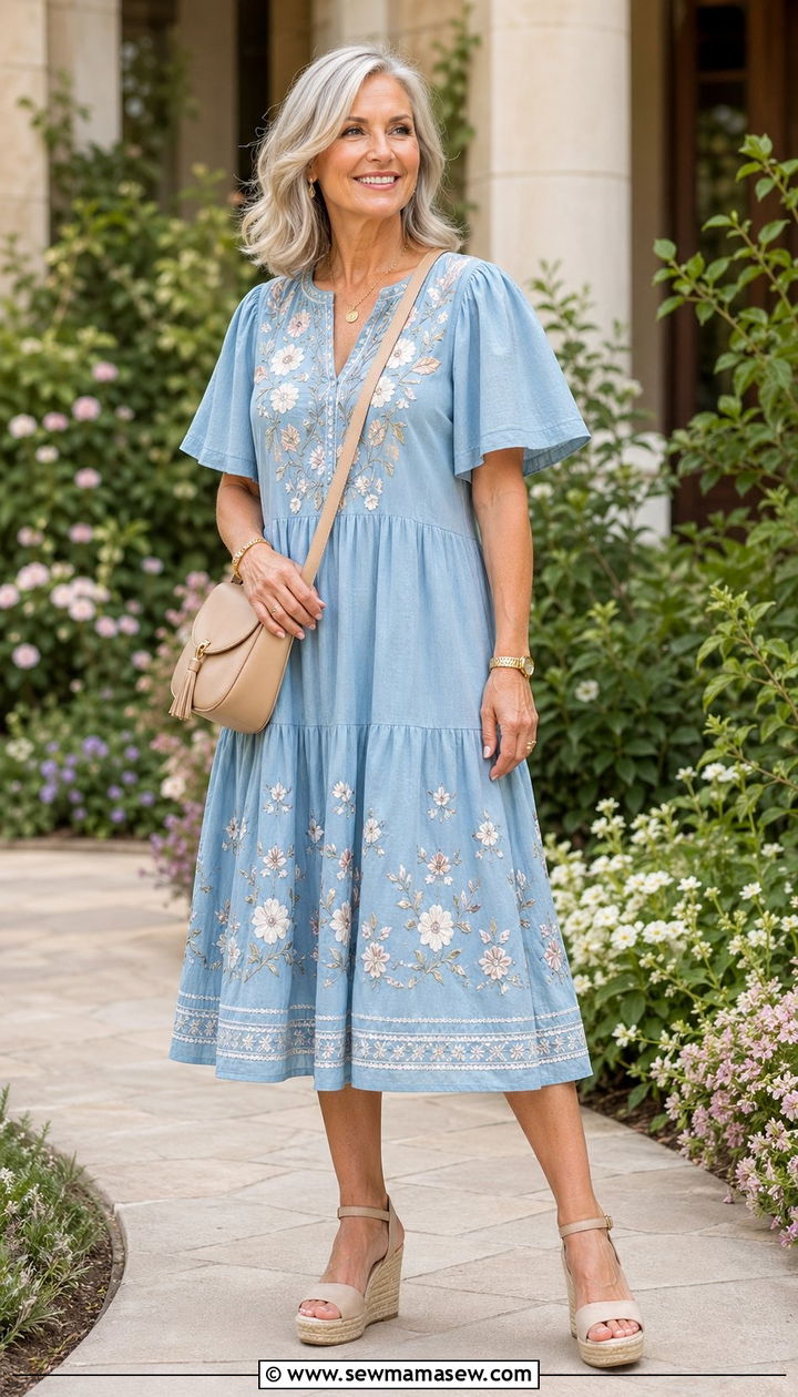 Embroidered Flutter Sleeve Dress With Wedges - 35 Graduation outfits for women over 50