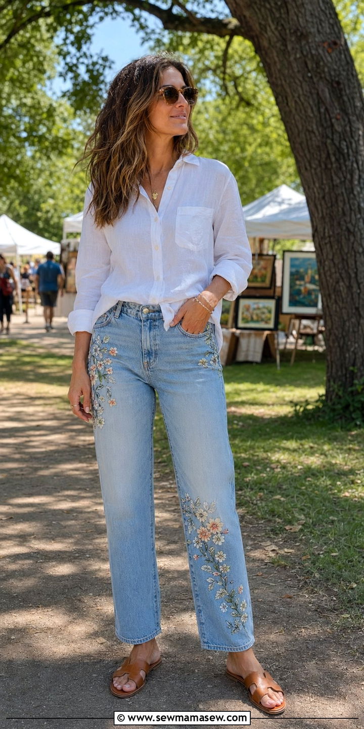 Embroidered Jeans With a Linen Button Up - 30 Best jeans for tall women