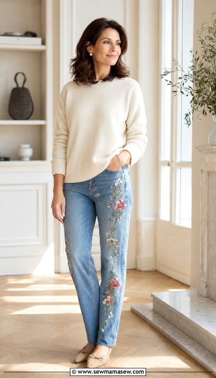Embroidered Jeans With a Simple Cashmere Sweater - 30 Best jeans for women over 40