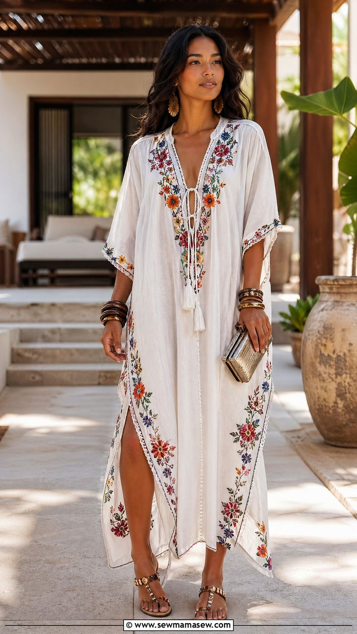 Embroidered Kaftan Cover Up Dress With Beaded Sandals - 35 Cover up dress outfit ideas