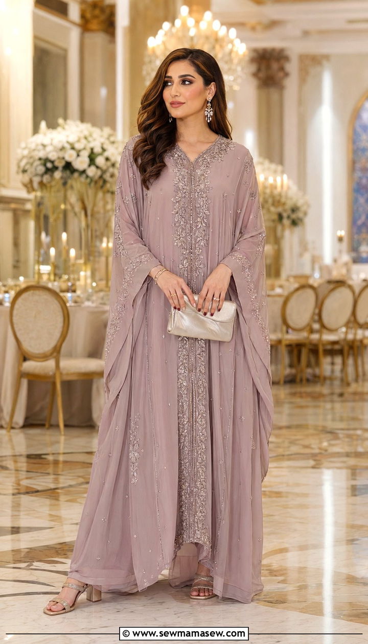 Embroidered Kaftan With Block Heels - 35 Modest outfit ideas for wedding guest
