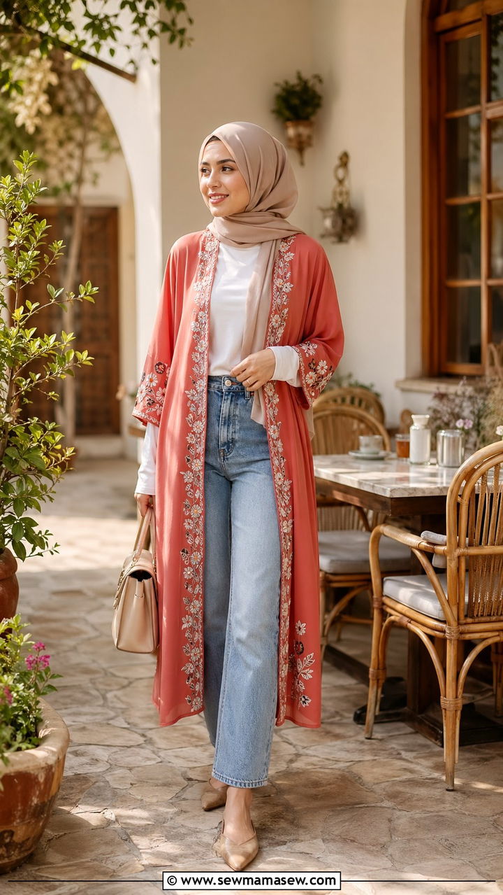 Embroidered Kimono and Jeans - 30 spring modest outfit ideas