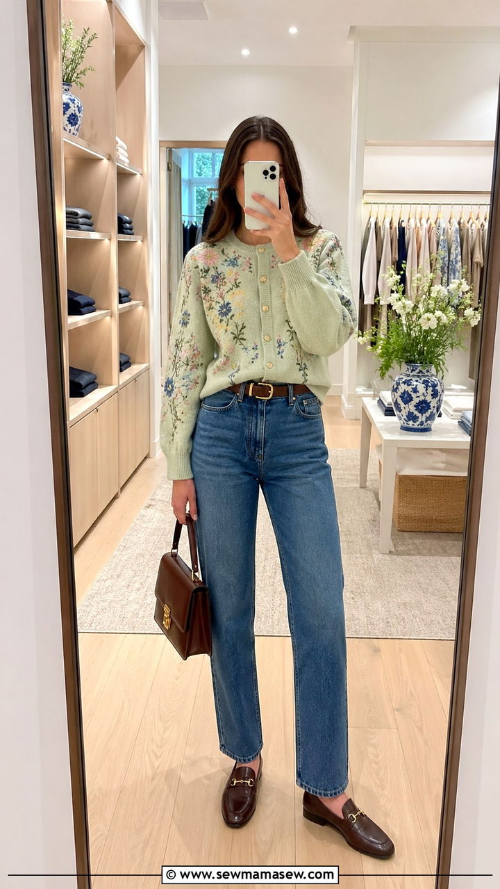 Embroidered Knit Cardigan and Blue Jeans Spring Outfit - 30 Spring knit outfits