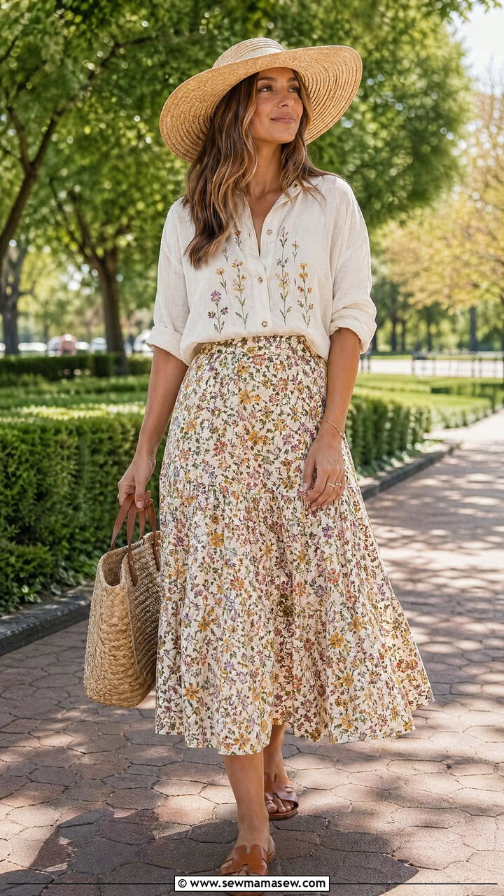 Embroidered Linen Blouse With A Line Floral Skirt - 35 summer cottagecore outfit ideas