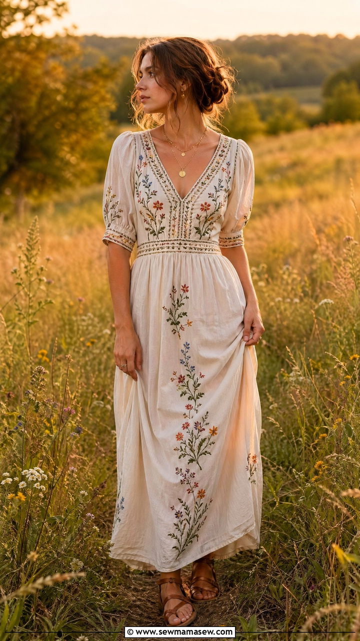 Embroidered Maxi Dress With Leather Sandals And Gold Jewelry - 35 Cottagecore outfit ideas