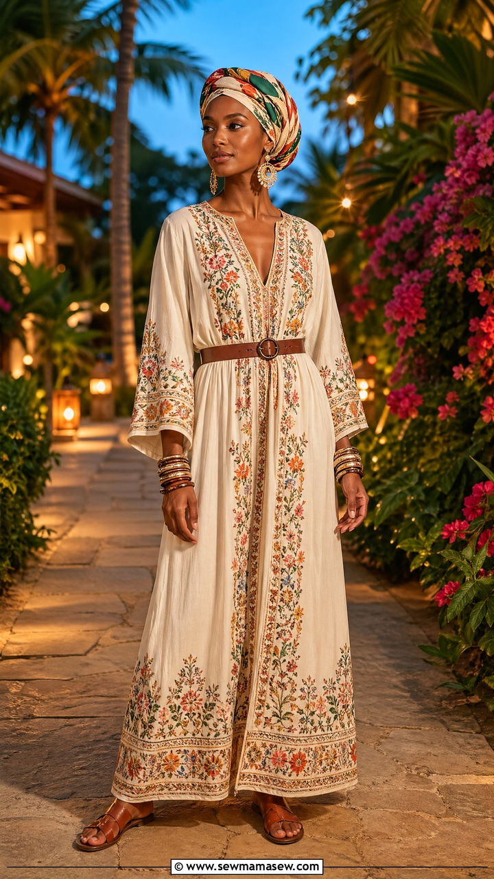 Embroidered Maxi Dress with Silk Headwrap - 35 spring vacation chic outfit ideas