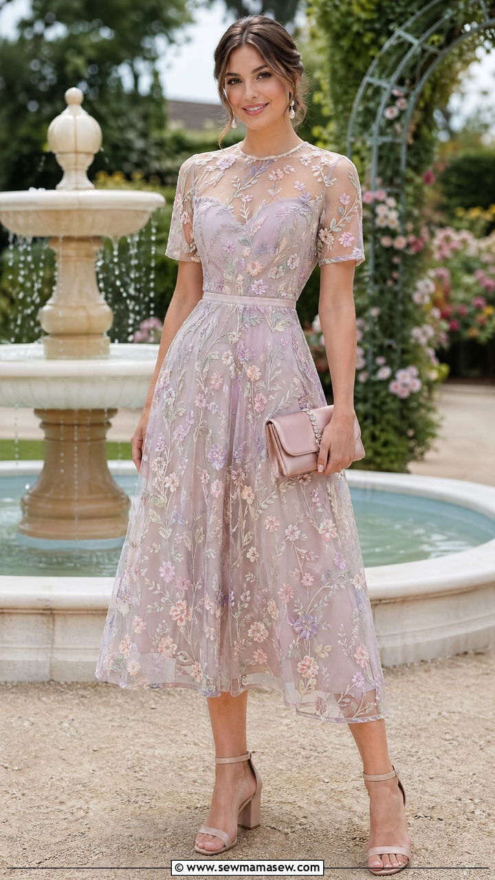 Embroidered Mesh Dress with Pearl Drop Earrings - 35 Spring garden party outfit ideas