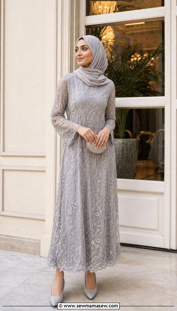Embroidered Mesh Maxi Dress With Soft Hijab - 30 wedding guest outfits for hijab women
