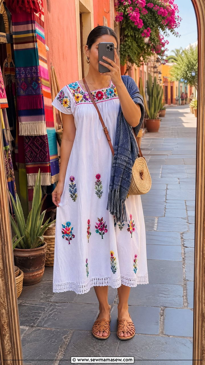 Embroidered Mexican Dress with Flat Sandals Summer Mexico Outfit - 35 Summer Mexico outfit ideas