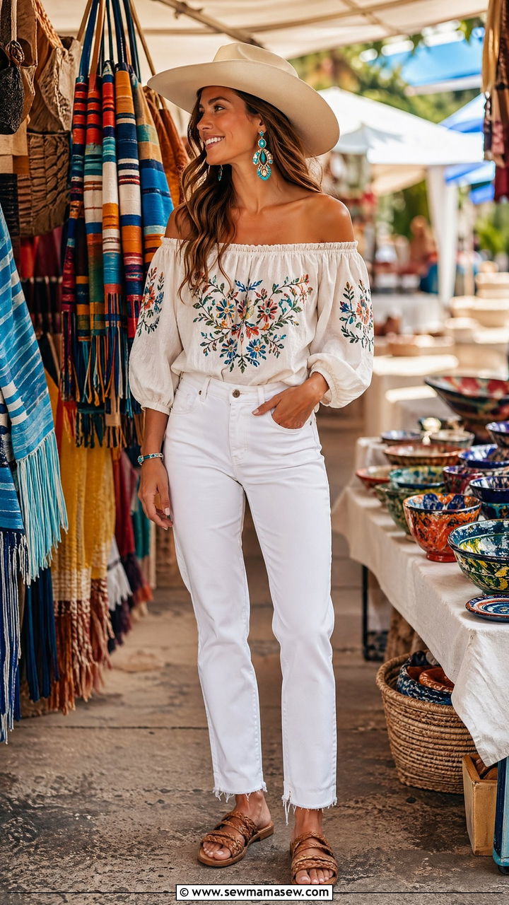 Embroidered Mexican Peasant Top With White Jeans And Sandals - 35 coastal cowgirl outfits 2026