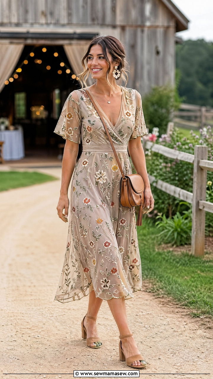 Embroidered Midi Dress Outfit - 35 Cute wedding guest outfits