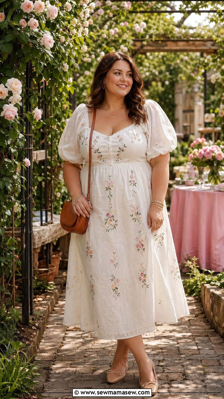 Embroidered Midi Dress With Ballet Flats - 30 Birthday outfit ideas plus size