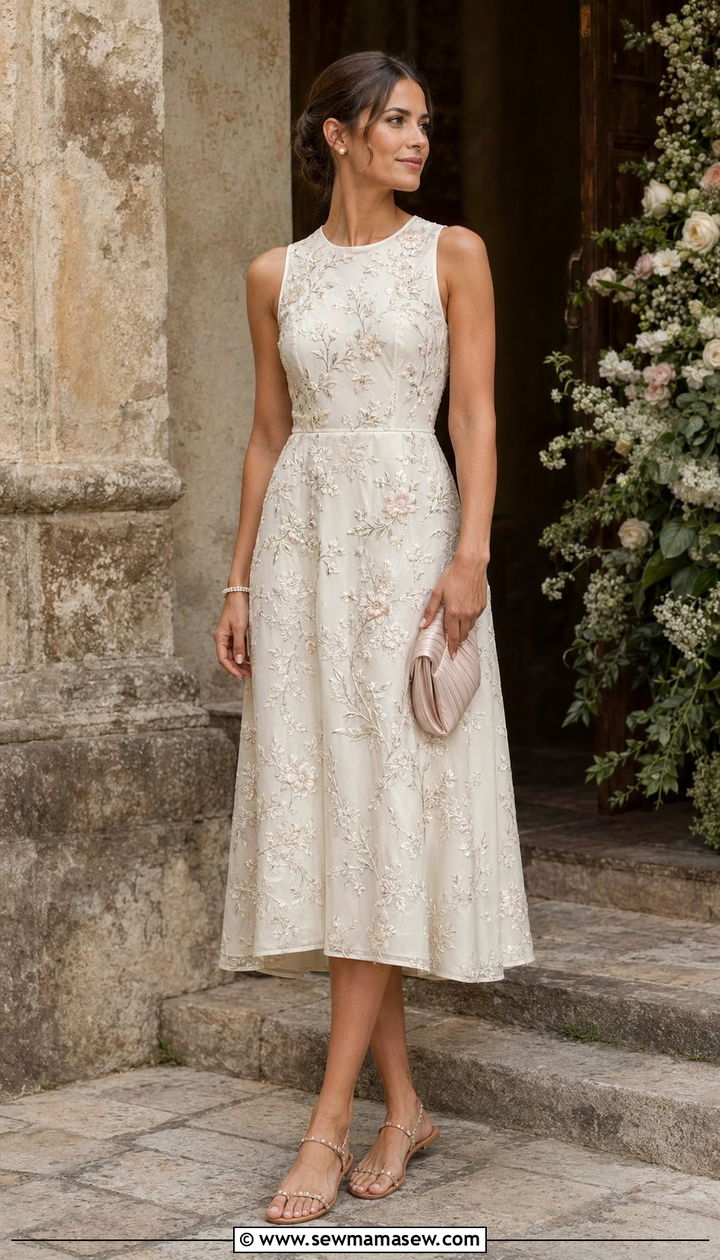 Embroidered Midi Dress With Minimal Sandals - 30 Afternoon wedding guest outfits