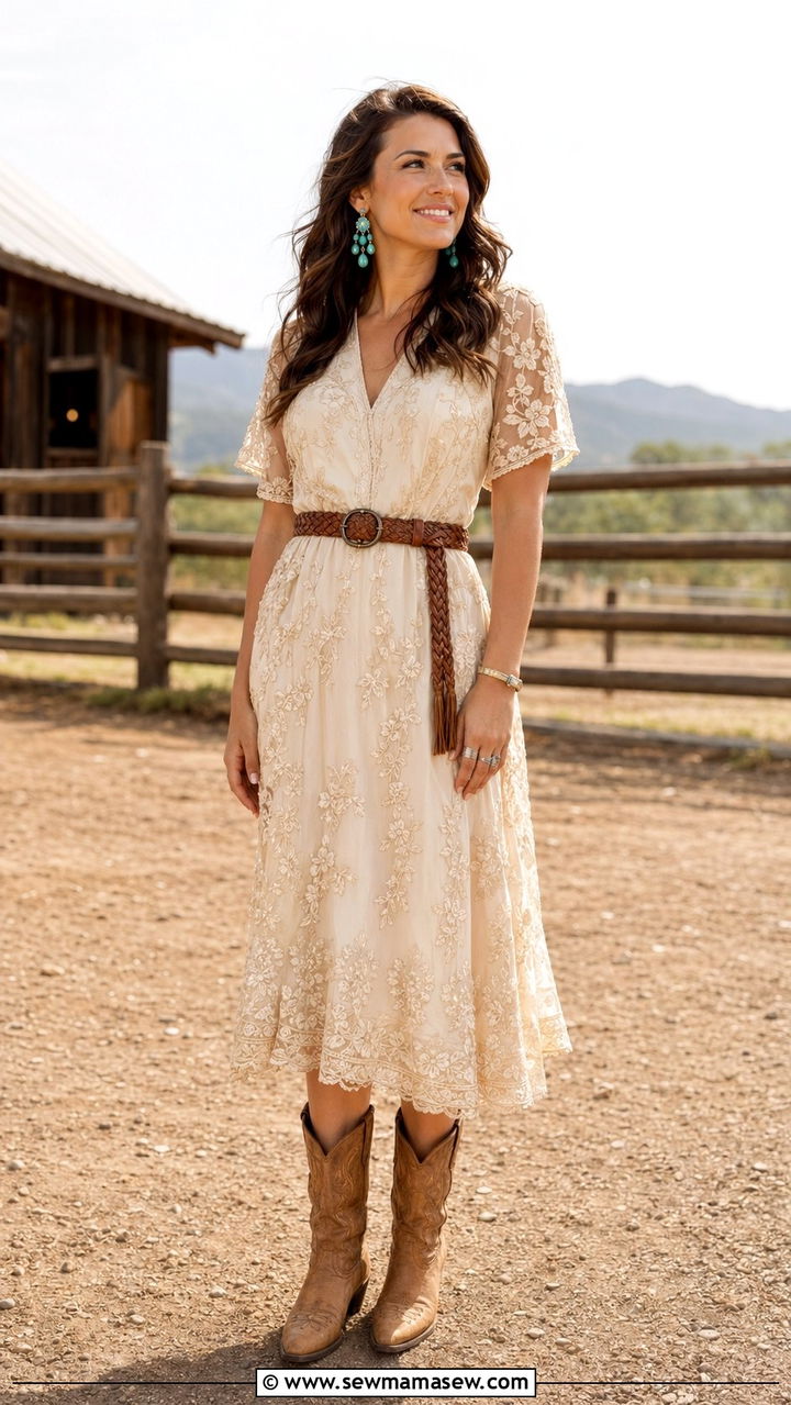 Embroidered Midi Dress With Tan Cowboy Boots Western Wedding - 30 Western outfit ideas for wedding