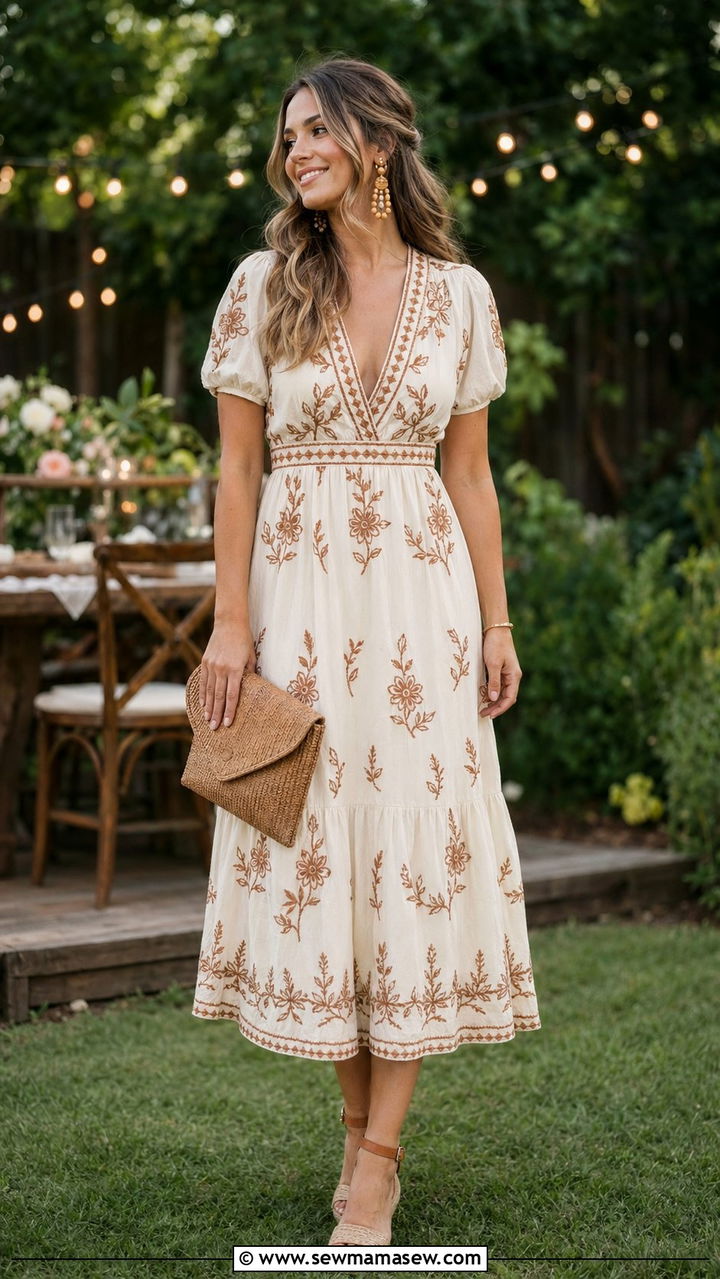 Embroidered Midi Dress With Woven Clutch - 30 Backyard wedding guest outfit ideas