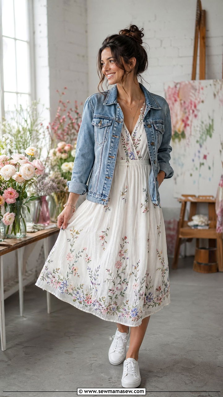 Embroidered Midi Dress with Denim Jacket - 35 spring bridal shower outfit ideas
