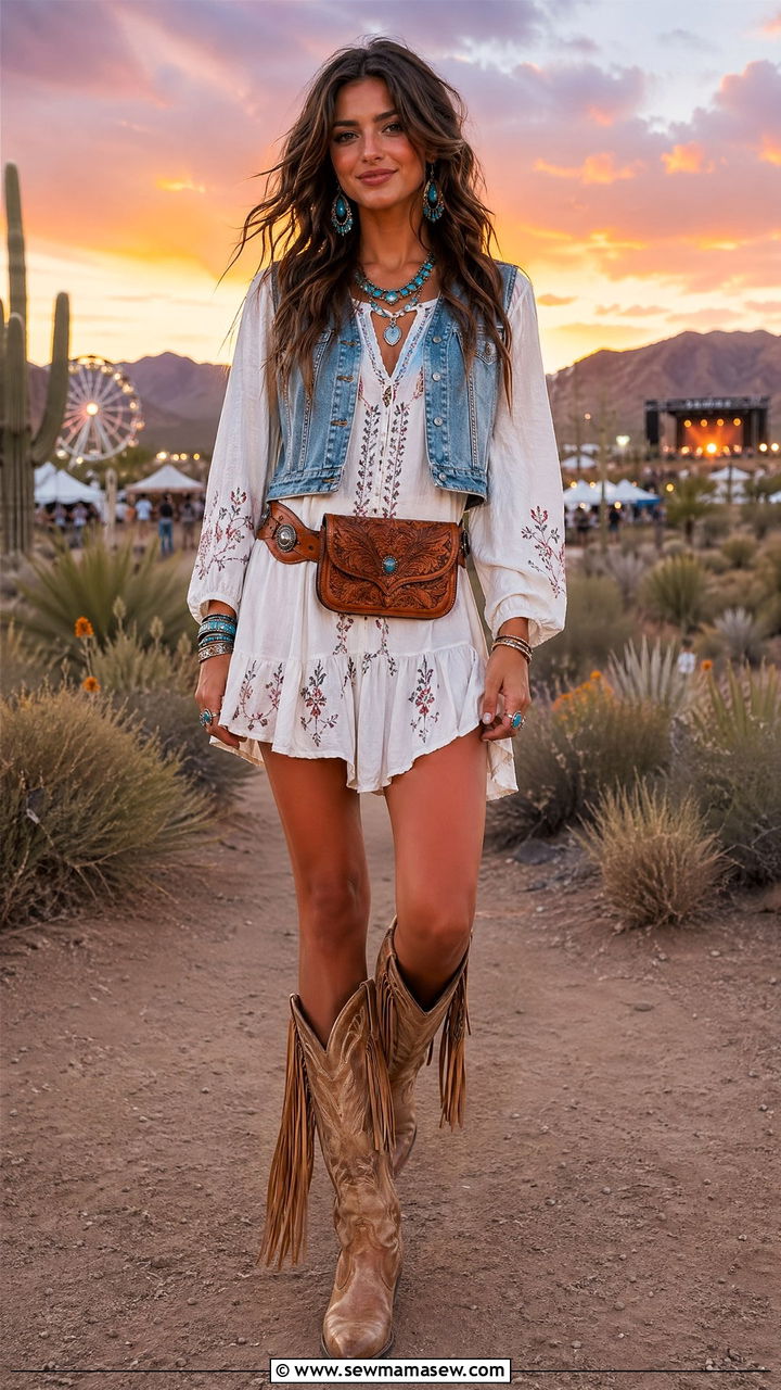 Embroidered Mini Dress with Denim Vest and Cowboy Boots - 35 spring vacation chic outfit ideas