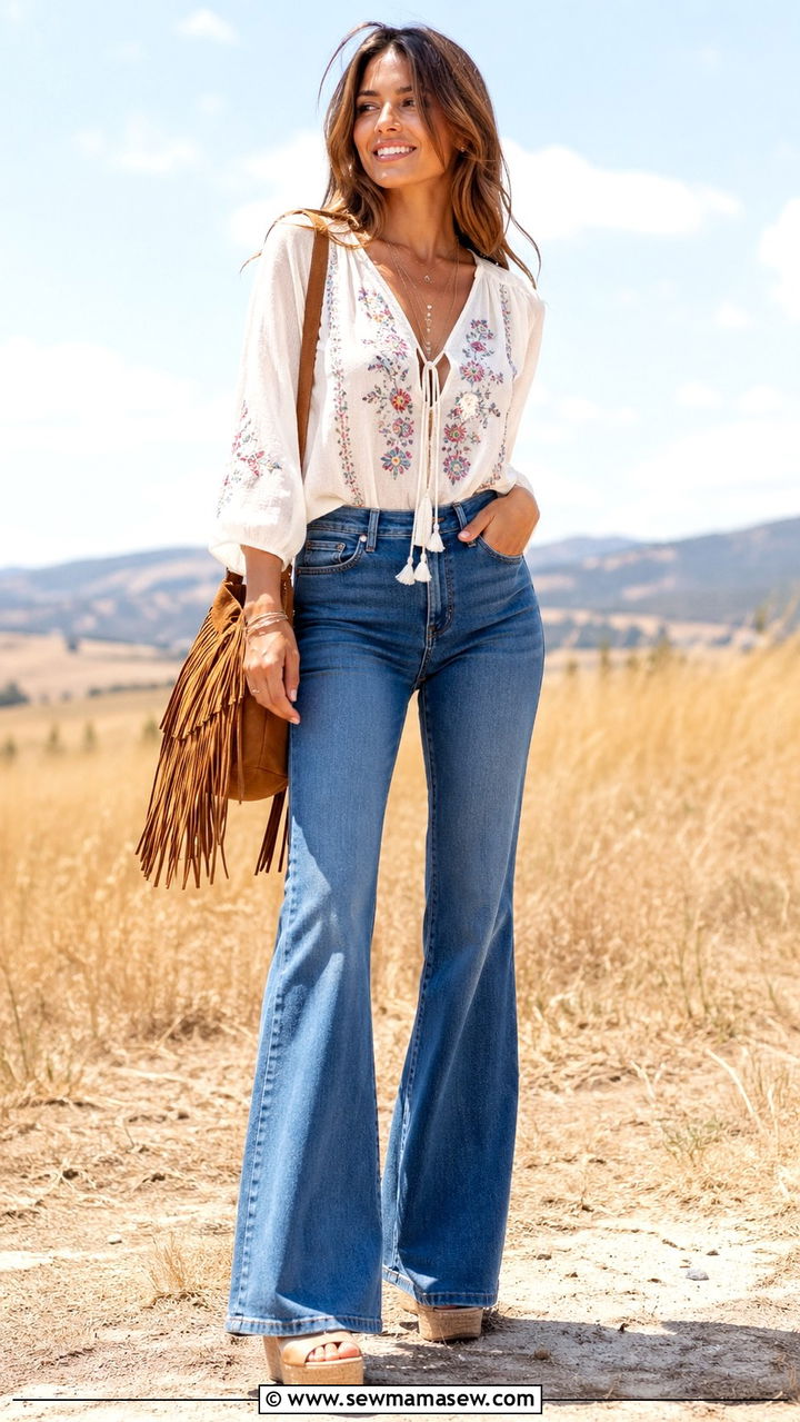 Embroidered Peasant Blouse With Flared Jeans And Wedge Sandals - 30 Spring countryside outfits